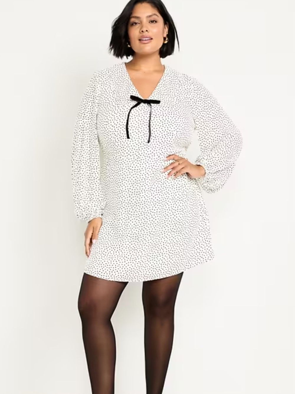 Old Navy Black Polka Dot V-Neck Long Sleeve Cream Color Mini Dress Neck Tie Sz L